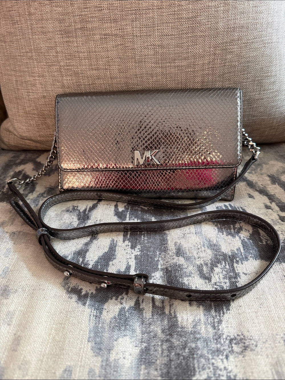 Michael Kors Metallic Silver Snake-Embossed Crossbody